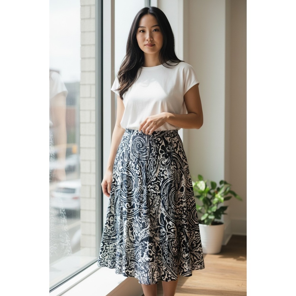 Chaps Navy Blue White Paisley Godet Knee/Midi-Length Stretch‎ Skirt Pull On L